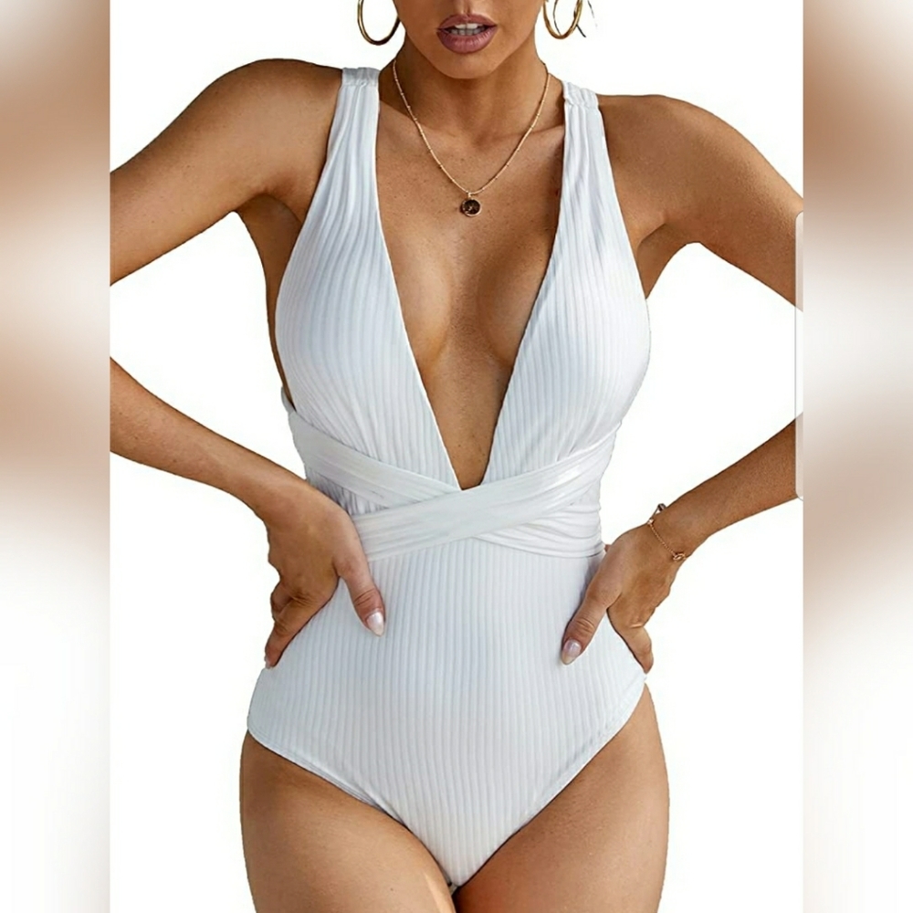🐬 Women One Piece White Swimsuits, High Waitsted - Picture 1 of 5